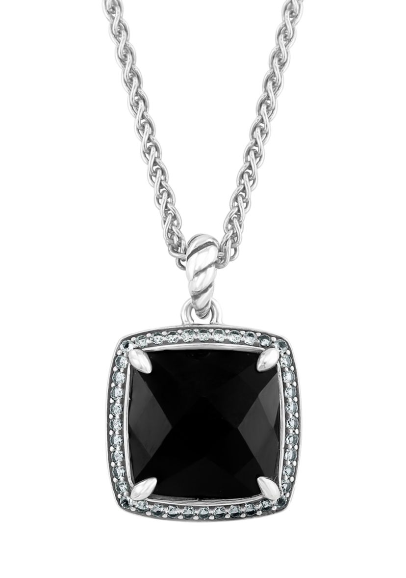 Sterling Silver White Topaz, Onyx Pendant Necklace
