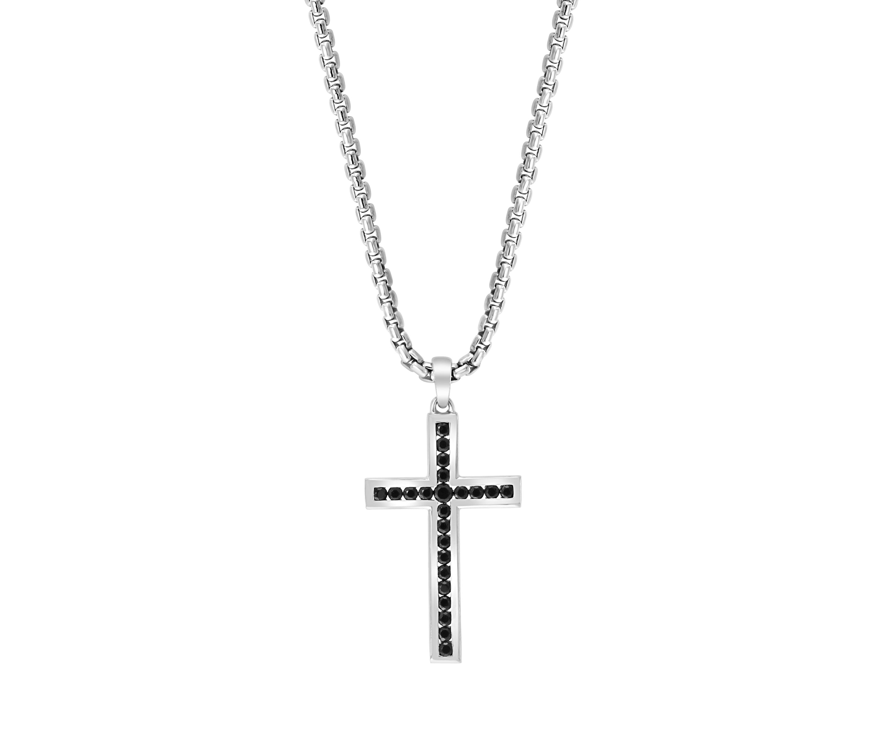 Mens 7/8 ct. t.w.  Black Spinel Cross Pendant Necklace in Sterling Silver 