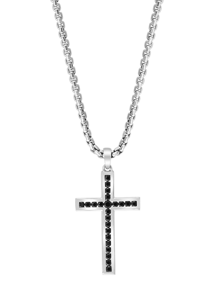 Mens 7/8 ct. t.w.  Black Spinel Cross Pendant Necklace in Sterling Silver 