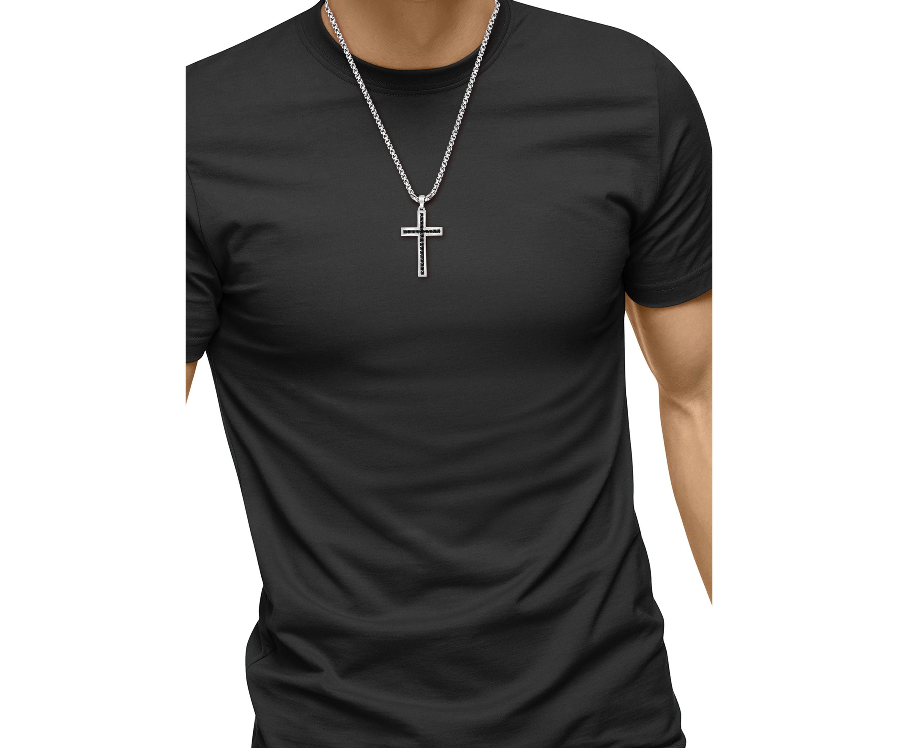Mens 7/8 ct. t.w.  Black Spinel Cross Pendant Necklace in Sterling Silver 