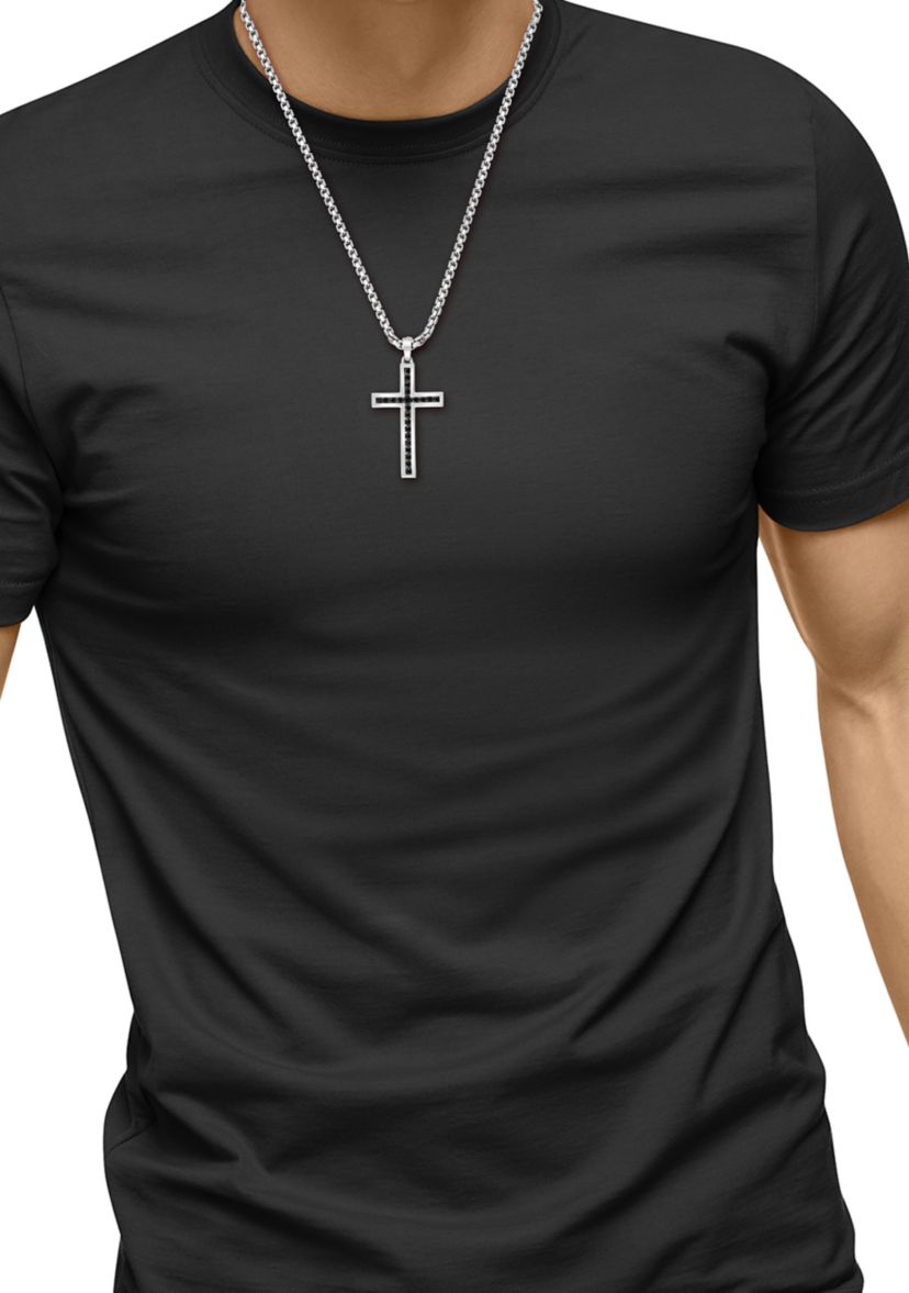 Mens 7/8 ct. t.w.  Black Spinel Cross Pendant Necklace in Sterling Silver 
