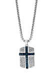 Mens Blue and White Topaz Cross Pendant Necklace in Sterling Silver