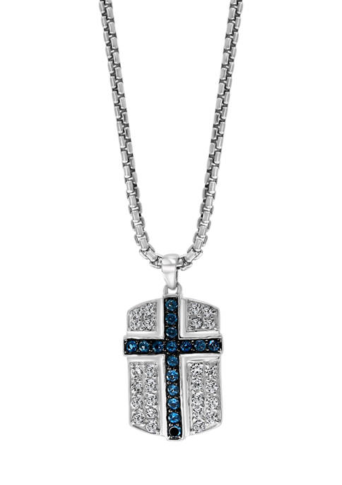 Mens Blue and White Topaz Cross Pendant Necklace in Sterling Silver