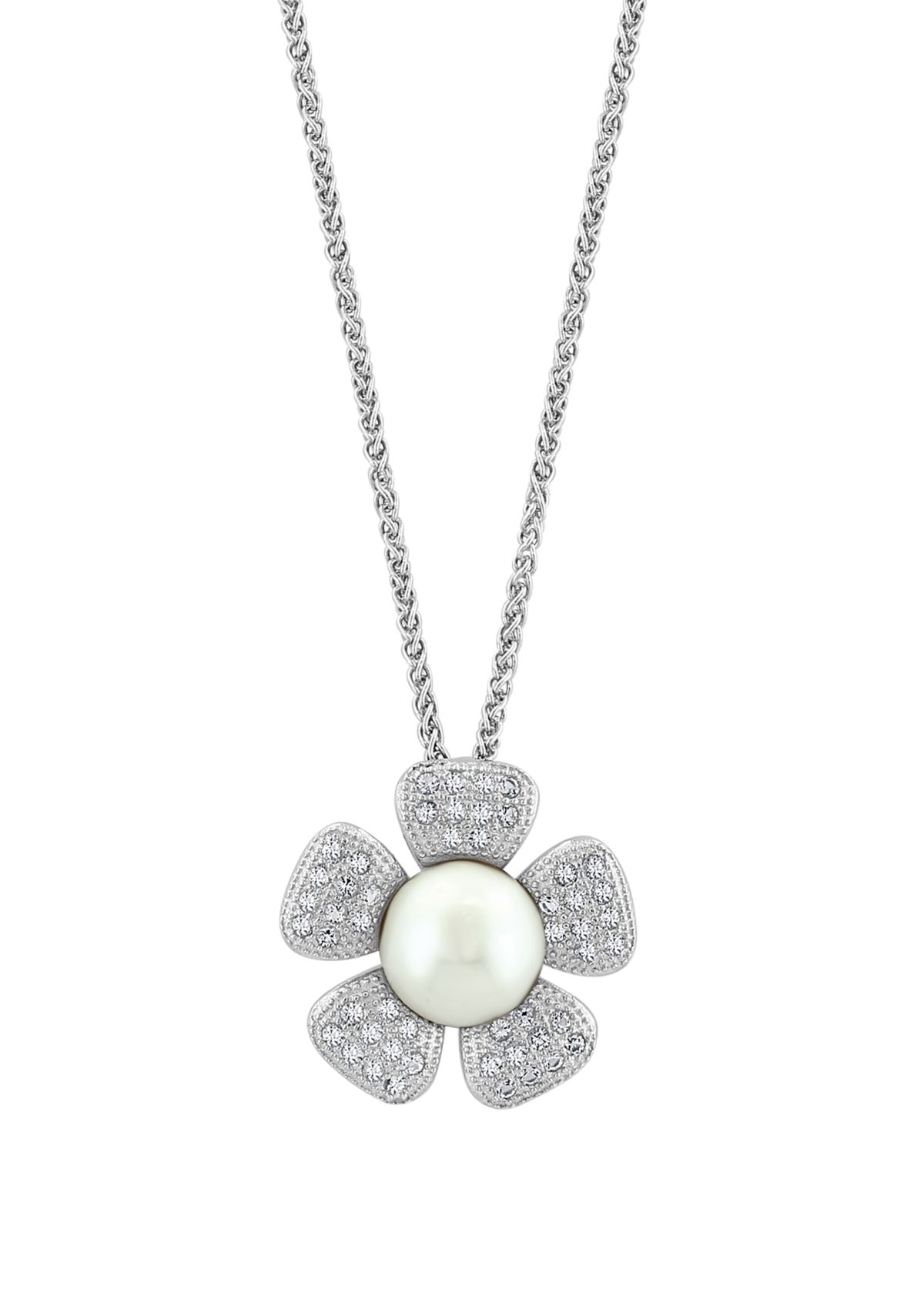White Topaz and Freshwater Pearl Flower Pendant Necklace in Sterling Silver