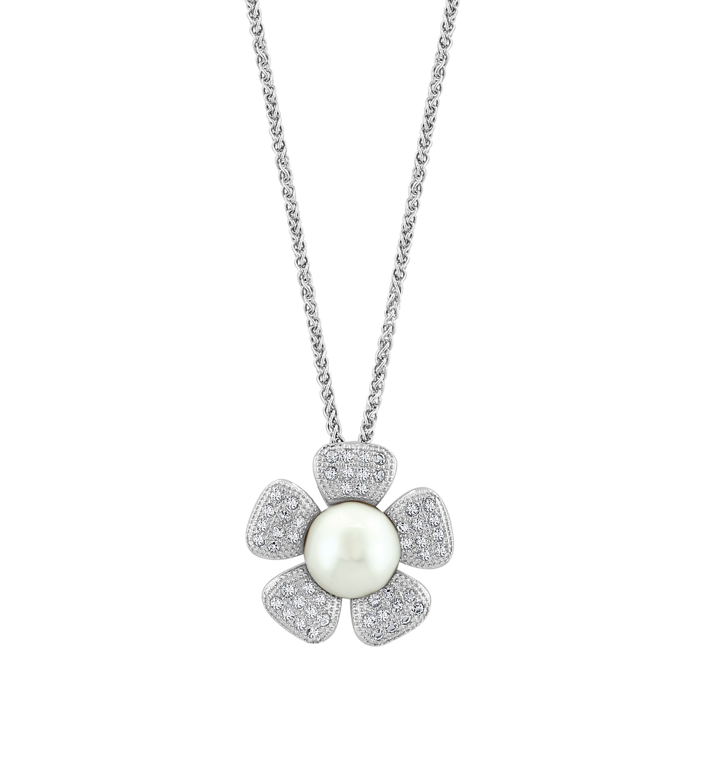 White Topaz and Freshwater Pearl Flower Pendant Necklace in Sterling Silver