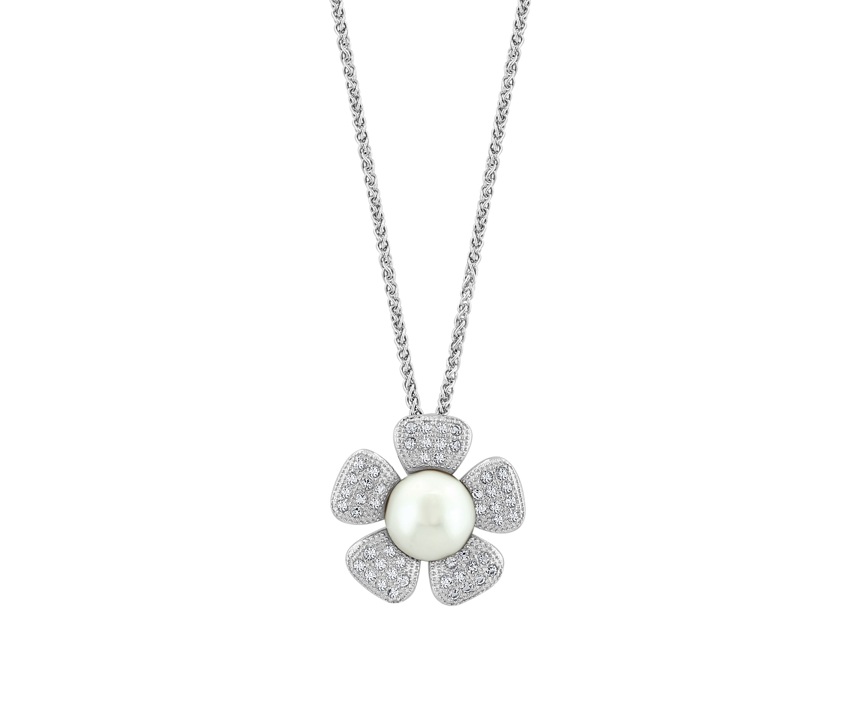 White Topaz and Freshwater Pearl Flower Pendant Necklace in Sterling Silver