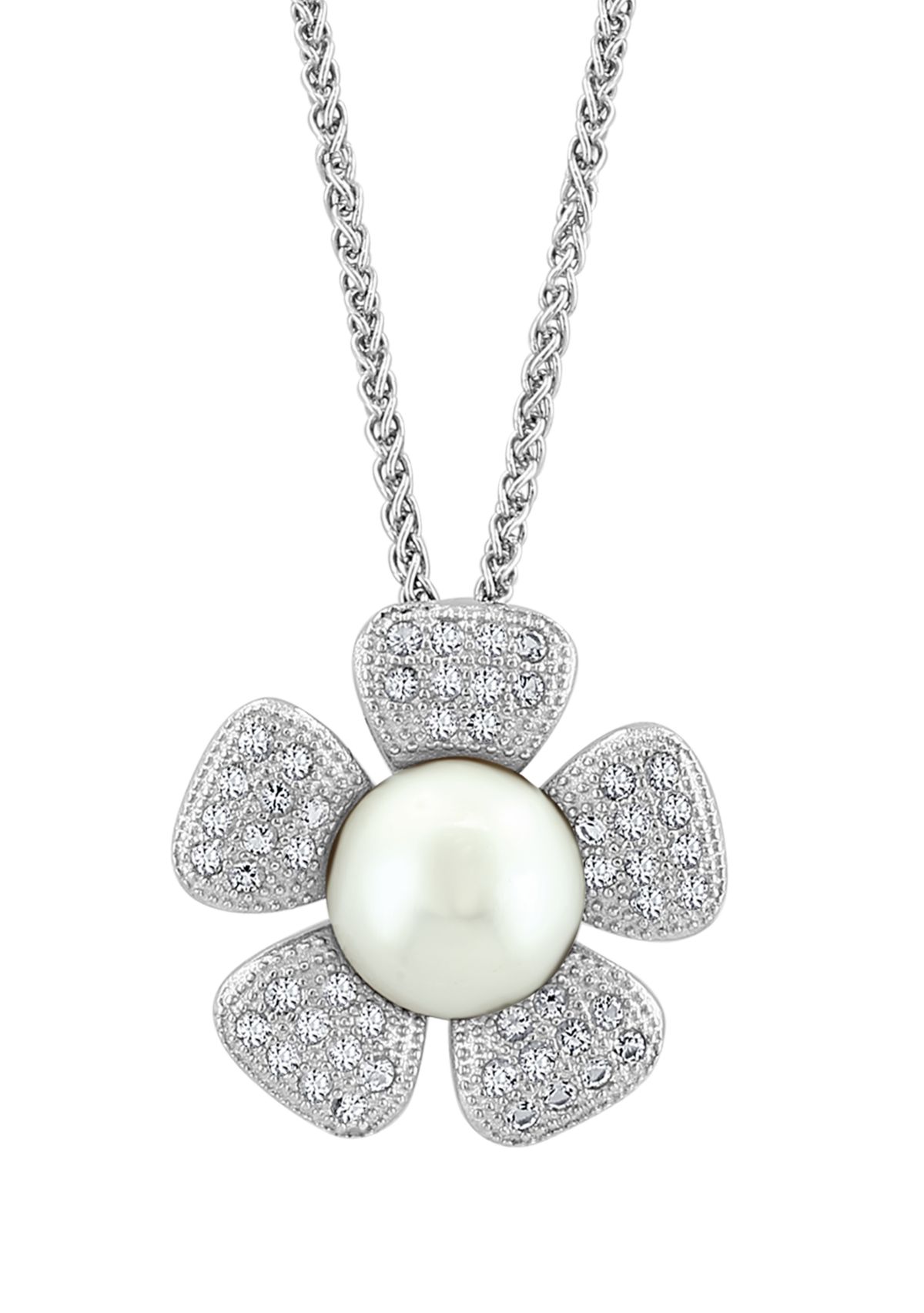 White Topaz and Freshwater Pearl Flower Pendant Necklace in Sterling Silver