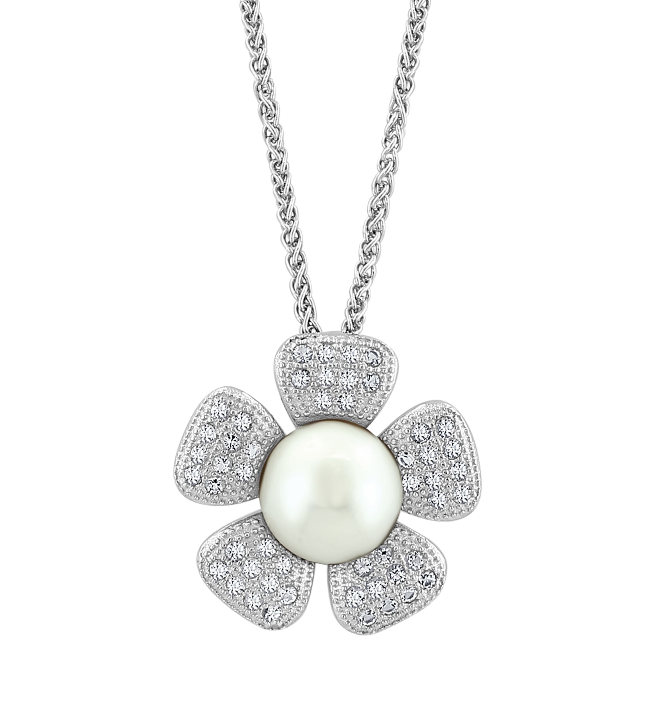 White Topaz and Freshwater Pearl Flower Pendant Necklace in Sterling Silver