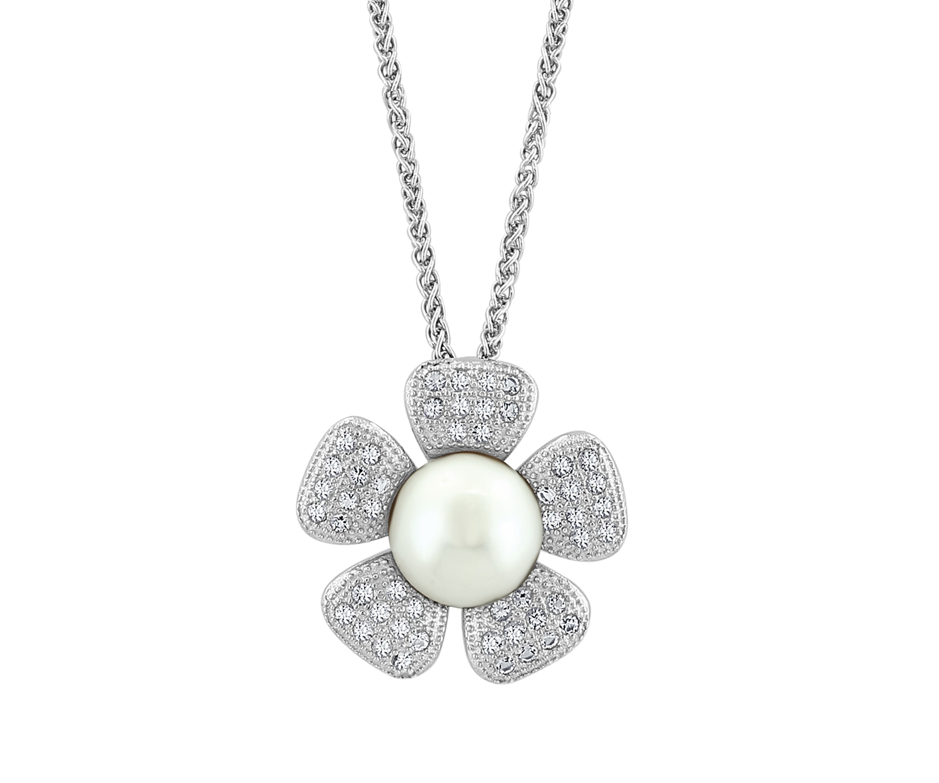 White Topaz and Freshwater Pearl Flower Pendant Necklace in Sterling Silver