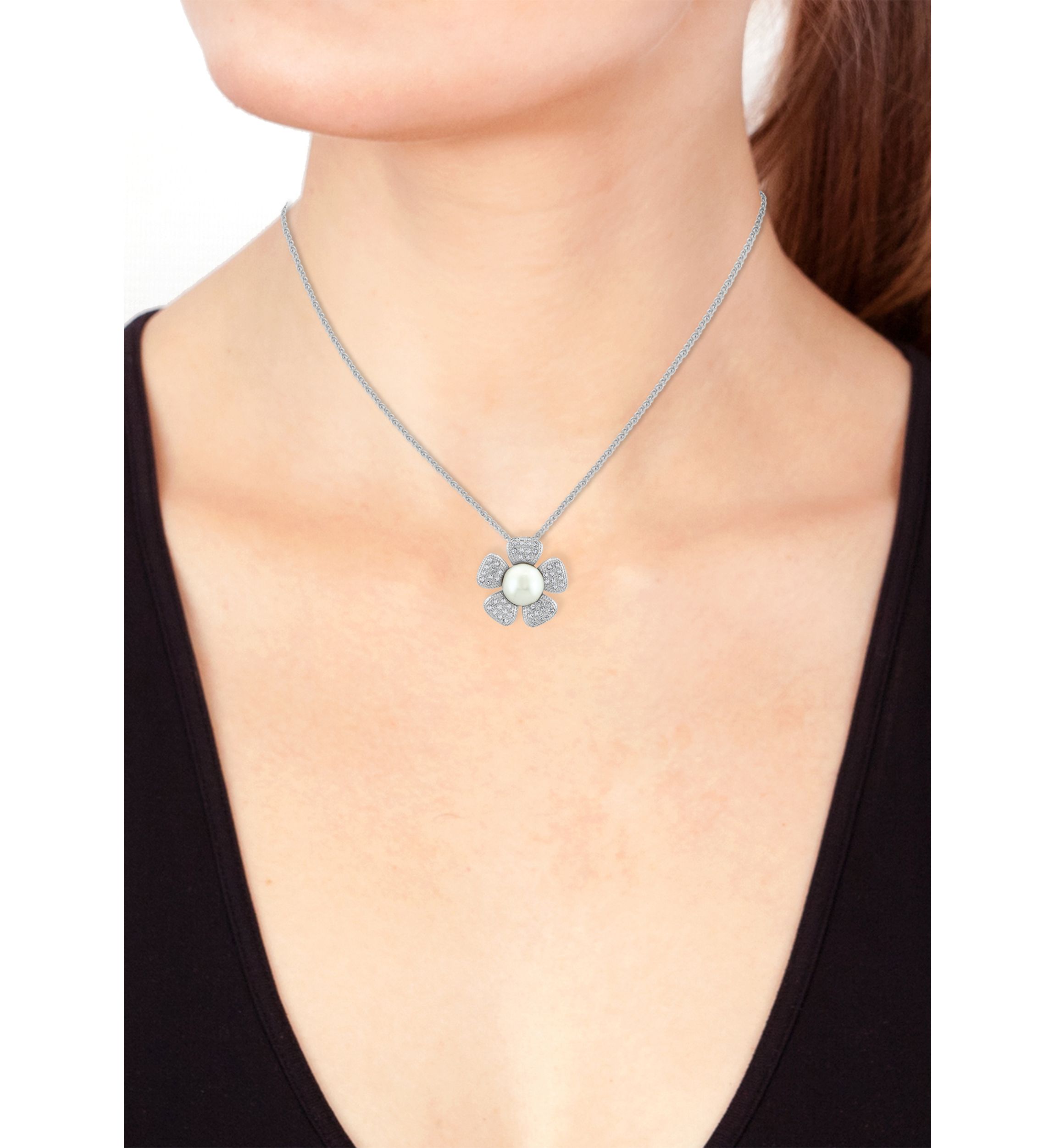 White Topaz and Freshwater Pearl Flower Pendant Necklace in Sterling Silver