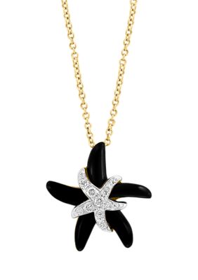 Effy 1/6 Ct. T.w. Diamond And Onyx Starfish Pendant Necklace In 14K Yellow And White Gold