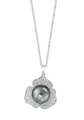 Effy 3/4 Ct. T.w. Diamond And Black Tahitian Pearl Pendant Necklace In 14K White Gold
