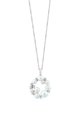 Effy 3/8 Ct. T.w. Diamond And Freshwater Pearl Circle Pendant Necklace In 14K White Gold