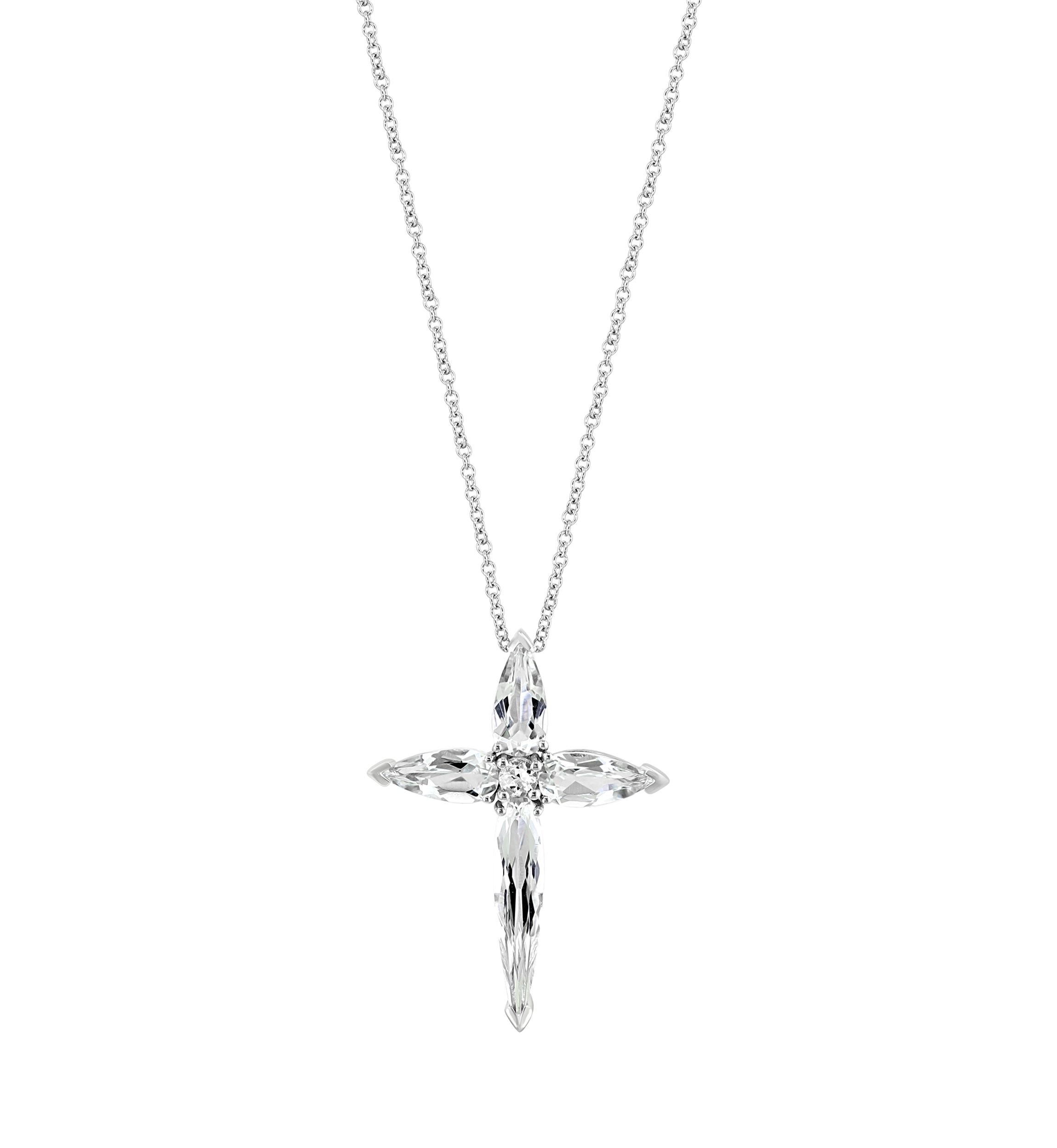 White Topaz Cross Pendant Necklace in 14K White Gold