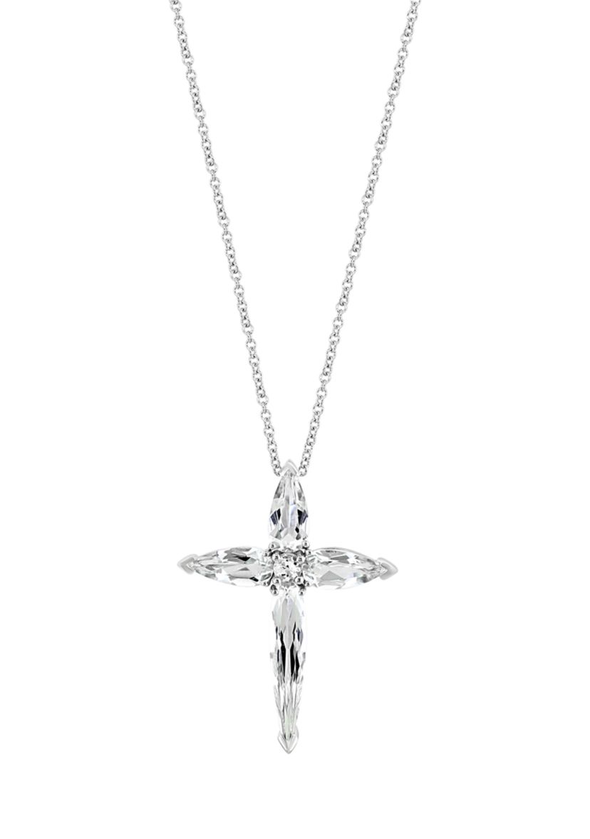 White Topaz Cross Pendant Necklace in 14K White Gold