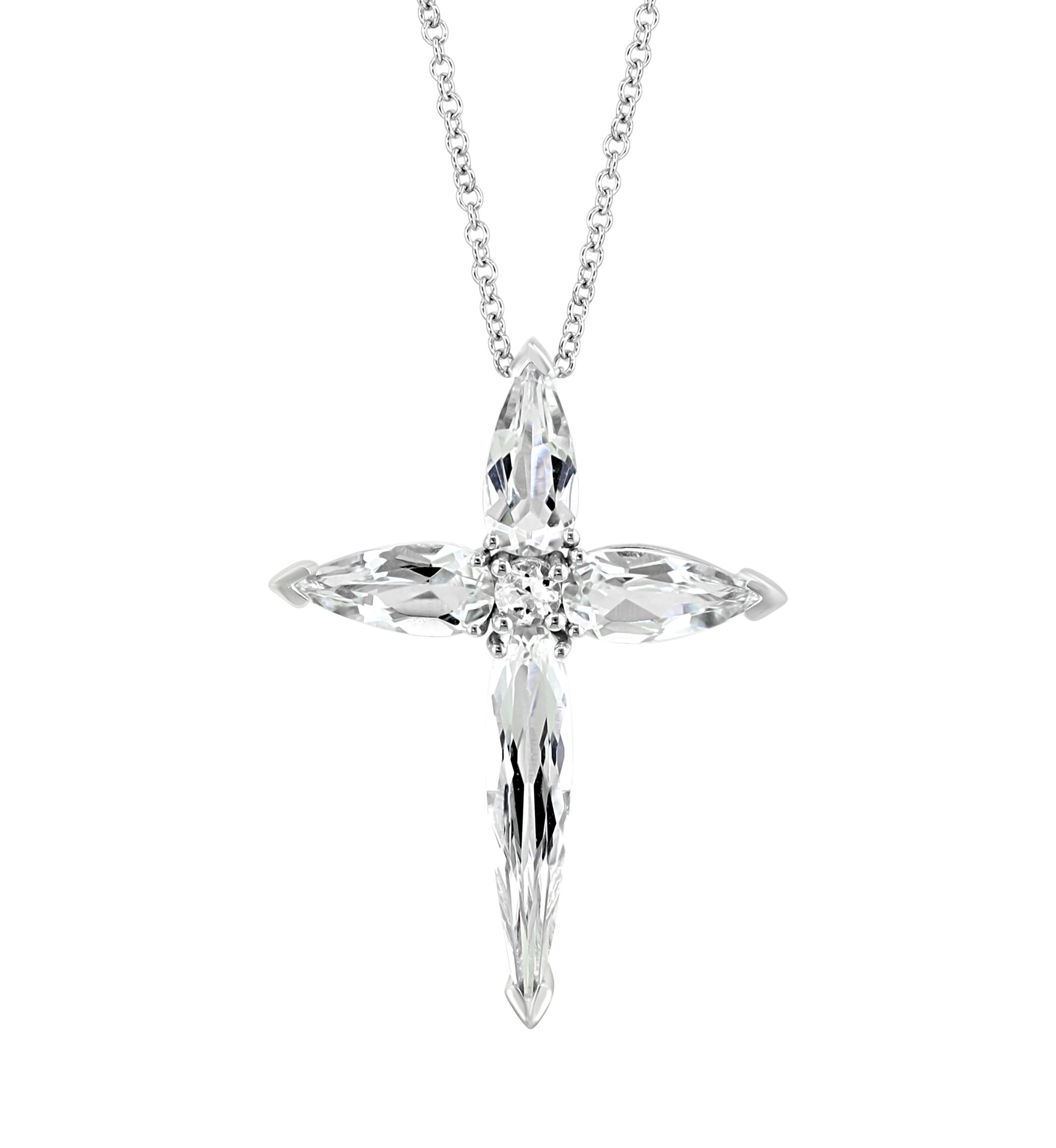 White Topaz Cross Pendant Necklace in 14K White Gold