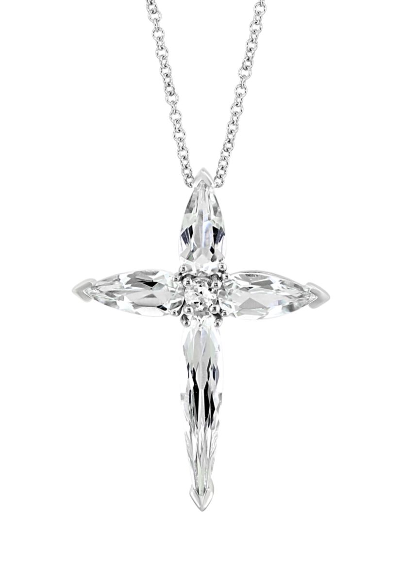 White Topaz Cross Pendant Necklace in 14K White Gold