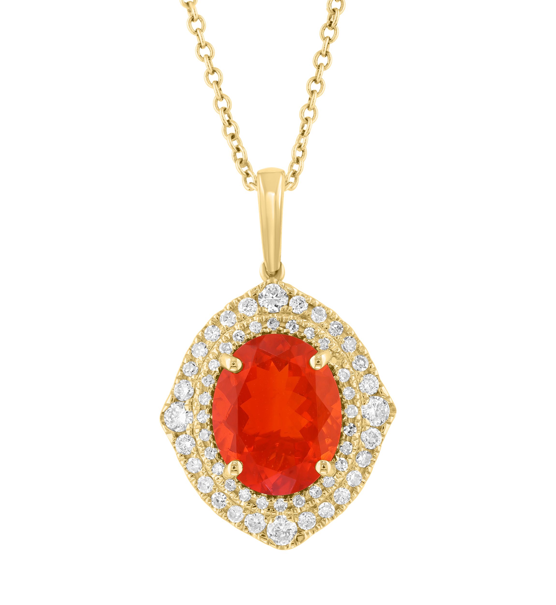 Diamond and Mexican Fire Opal Pendant Necklace in 14K Yellow Gold