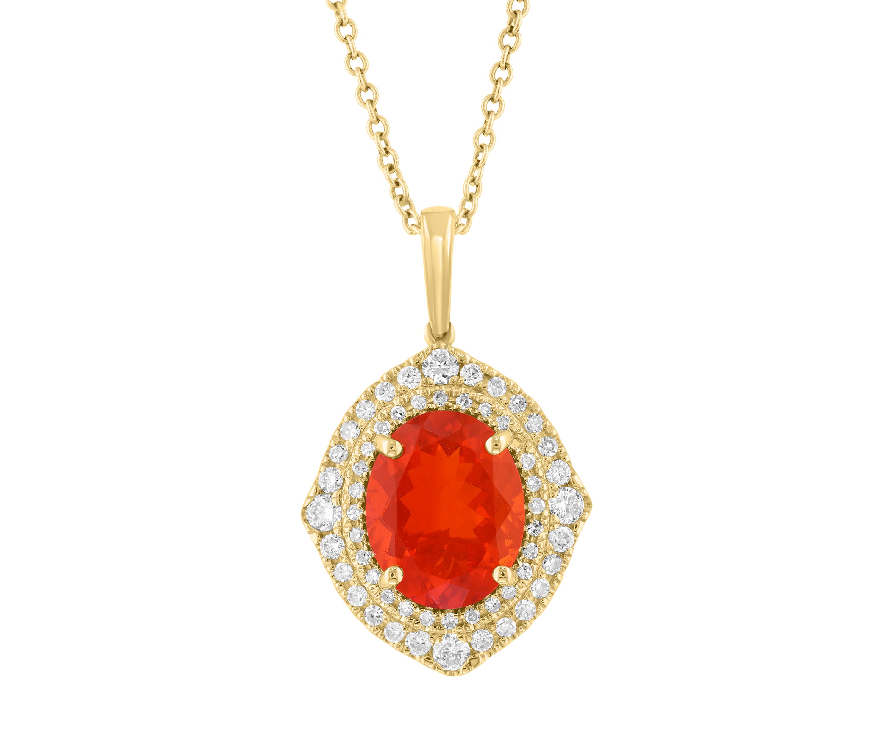Diamond and Mexican Fire Opal Pendant Necklace in 14K Yellow Gold