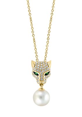 Effy 3/8 ct. t.w. Emerald, 1/10 ct. t.w. Diamond and Freshwater Pearl Pendant Necklace in 14K Yellow Gold -  5400451IPYCS154DL