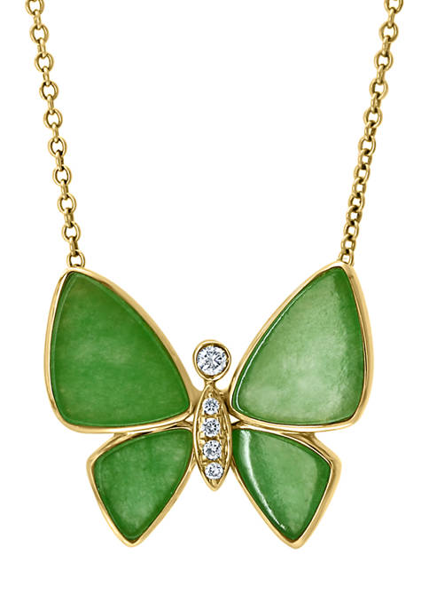 1/10 ct. t.w. Diamond and 3.35 ct. t.w. Green Jade Butterfly Pendant Necklace in 14K Yellow Gold