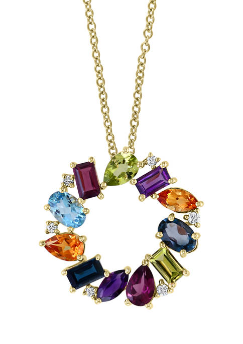 1/10 ct. t.w. Diamond and 3.91 ct. t.w. Multi Color Gemstone Circle Pendant Necklace in 14K Yellow Gold 