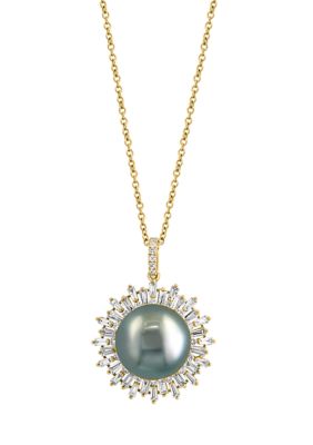 Effy 3/4 Ct. T.w. Diamond And Black Tahitian Pearl Pendant Necklace, Yellow, 16 In -  0617892829666