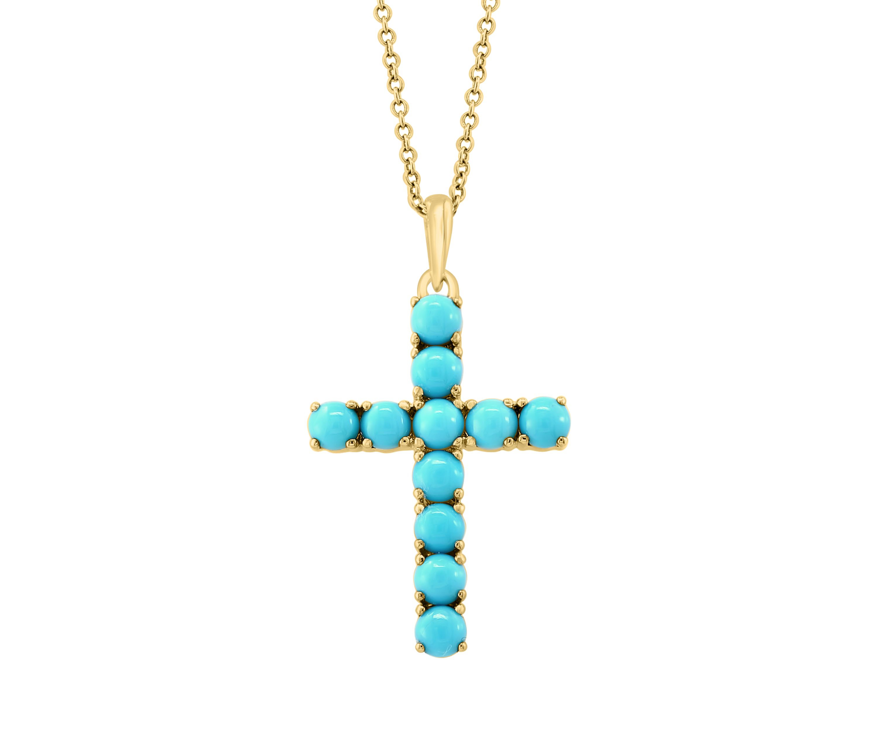 Turquoise Cross Necklace In 14K Yellow Gold 