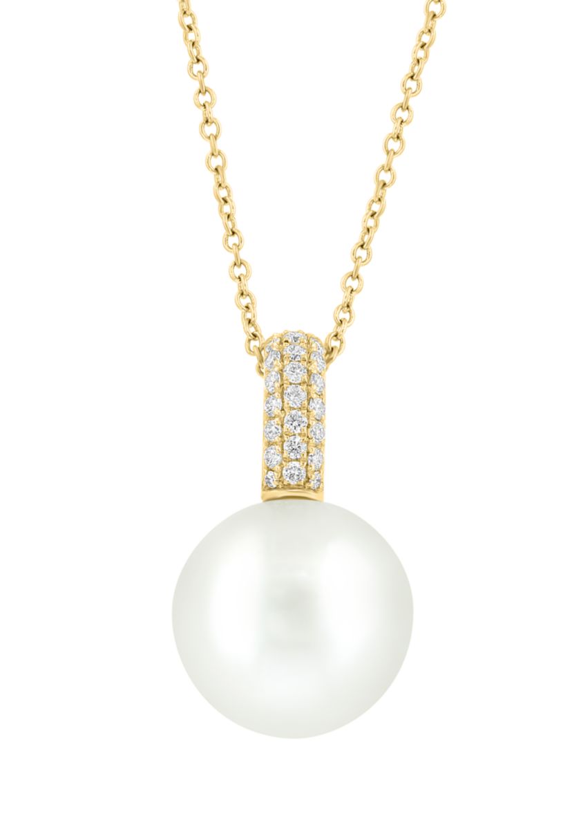 1/6 ct. t.w. Diamond and Freshwater Pearl Pendant Necklace in 14K Yellow Gold