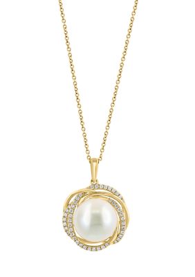 Effy 1/3 ct. t.w. Diamond and Freshwater Pearl Pendant Necklace in 14K Yellow Gold
