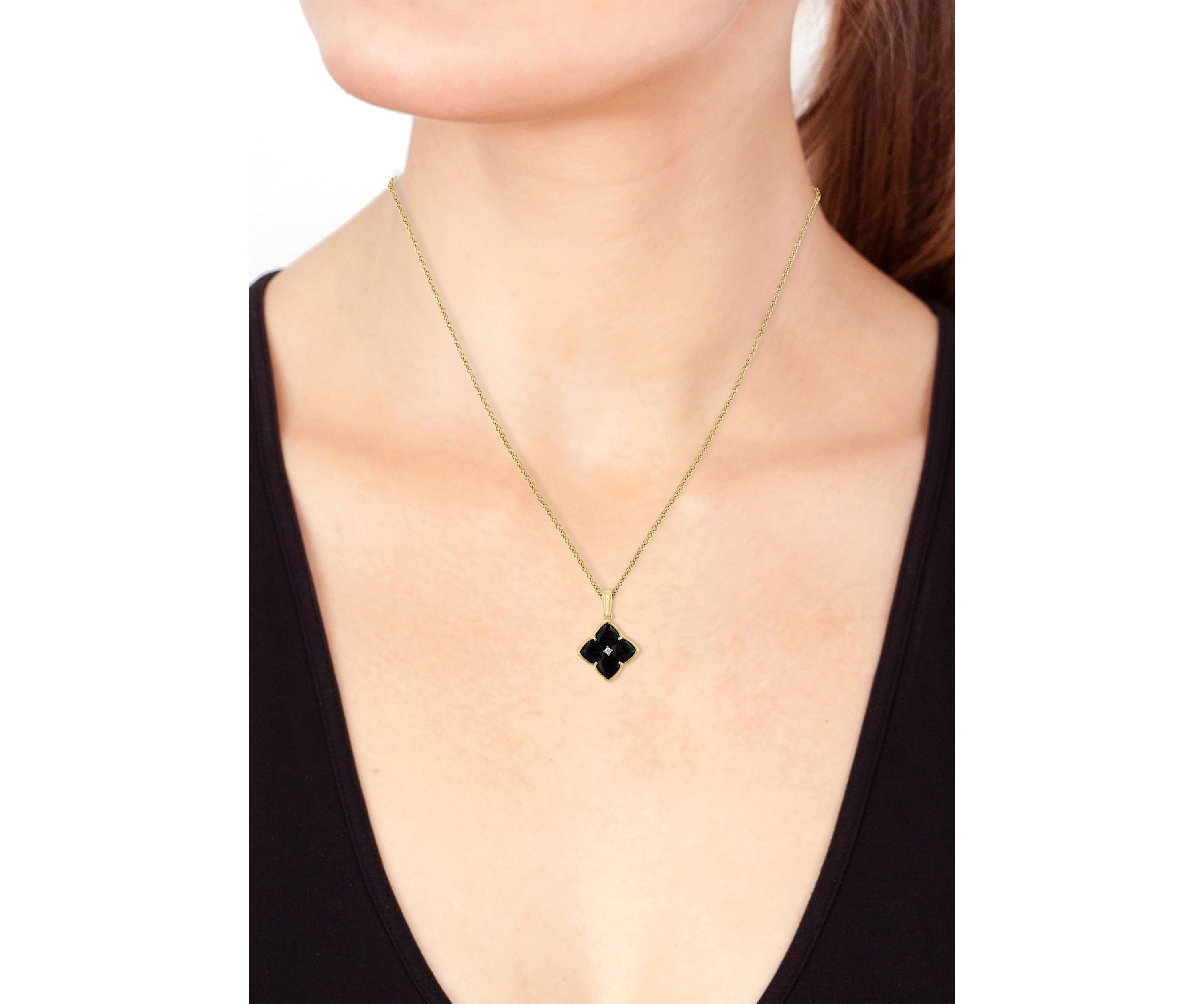 1/10 ct. t.w. Diamond, 2 ct. t.w. Onyx Pendant Necklace in 14K Yellow Gold