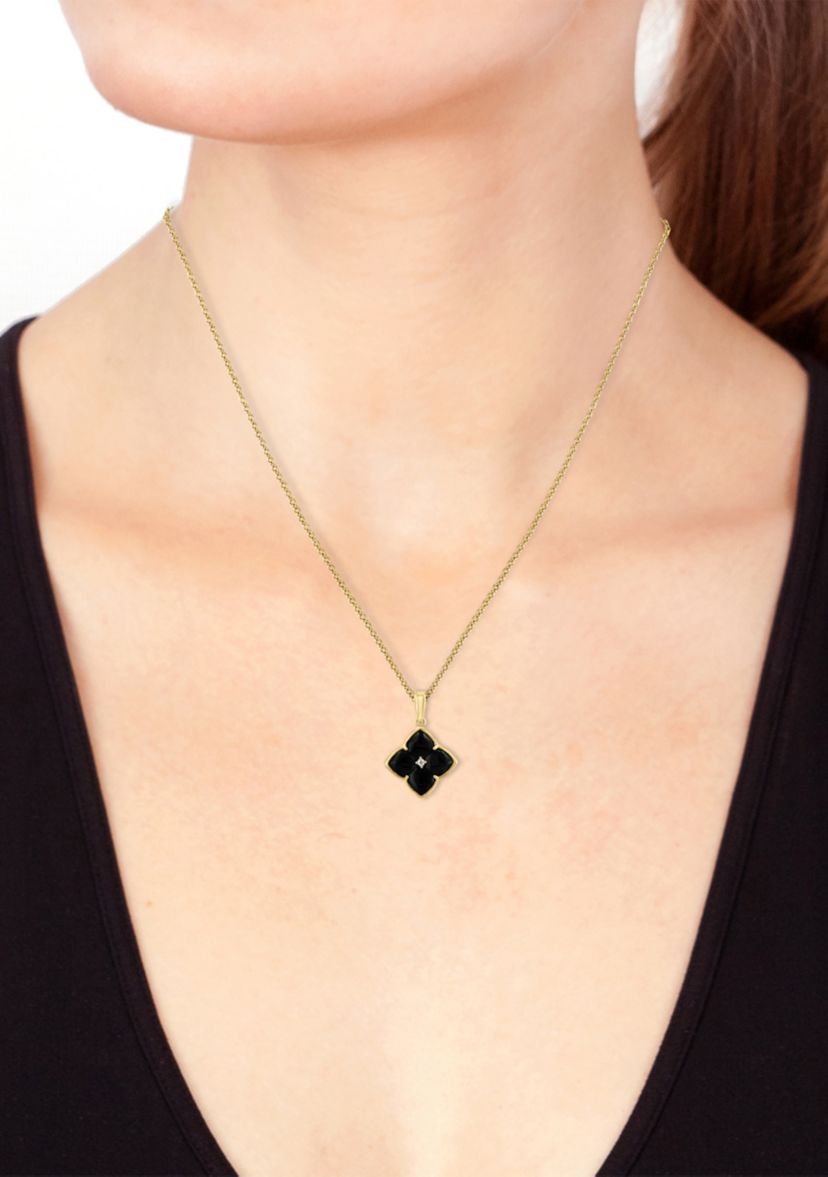 1/10 ct. t.w. Diamond, 2 ct. t.w. Onyx Pendant Necklace in 14K Yellow Gold