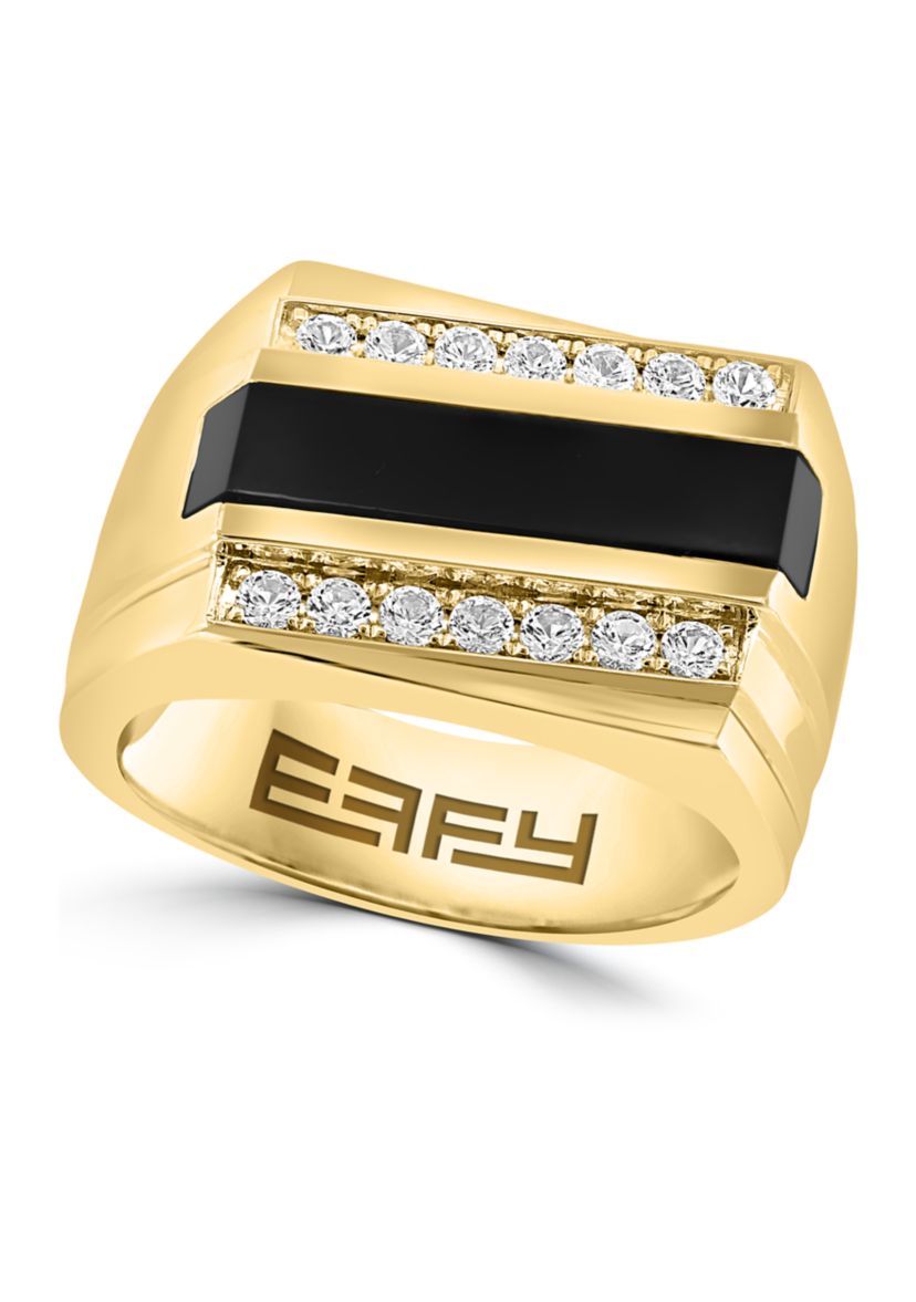 Sterling Silver/Gold-Plated White Sapphire, Onyx Mens Ring