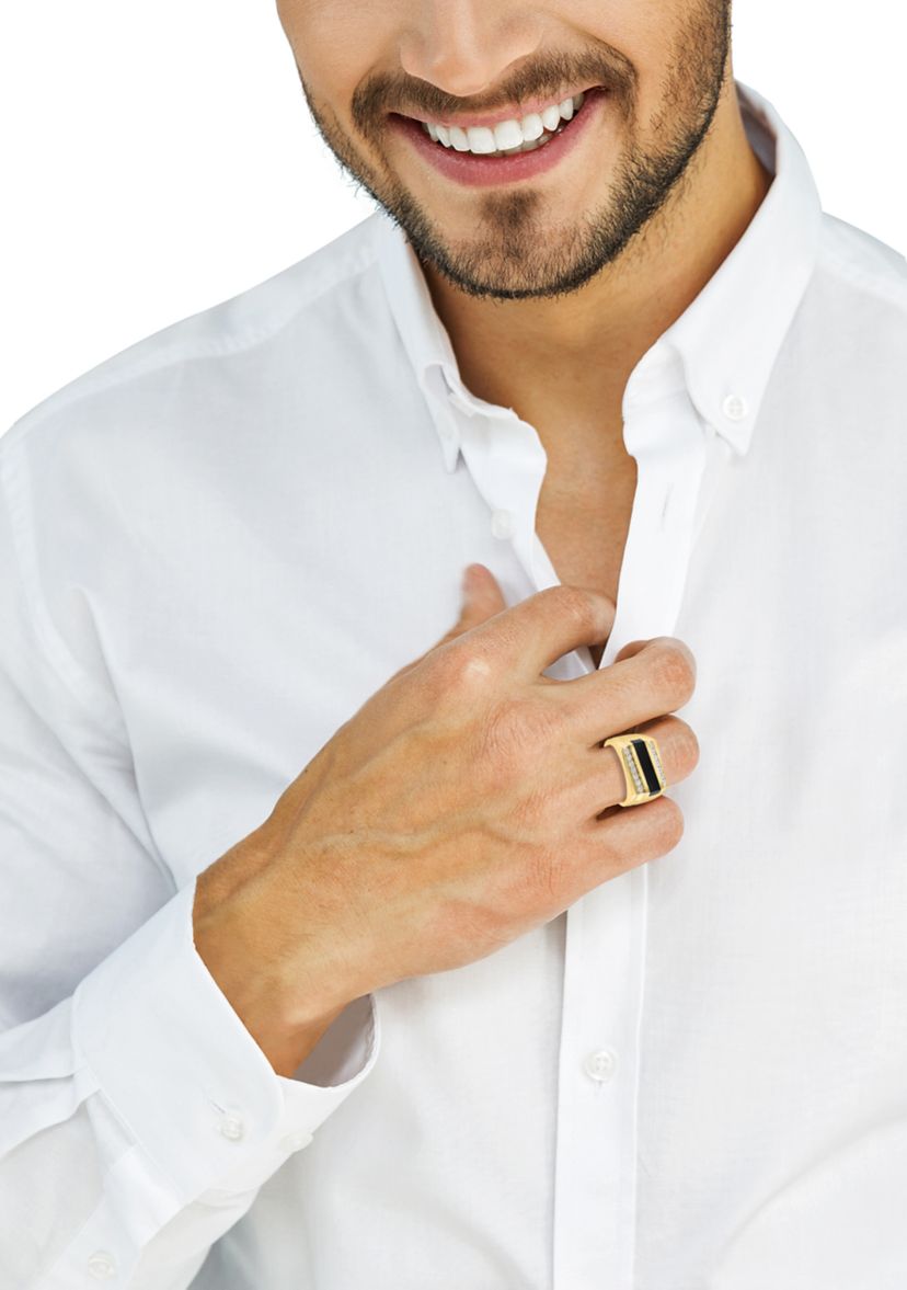 Sterling Silver/Gold-Plated White Sapphire, Onyx Mens Ring