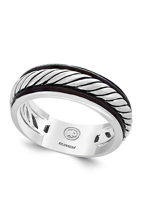 Mens Band Ring in Sterling Silver and Leather