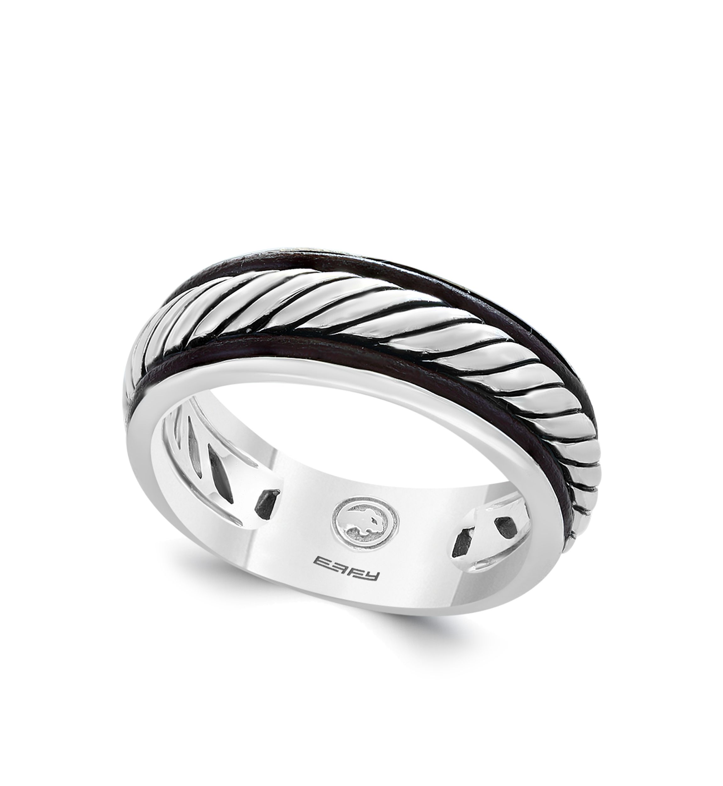 Mens Band Ring in Sterling Silver and Leather