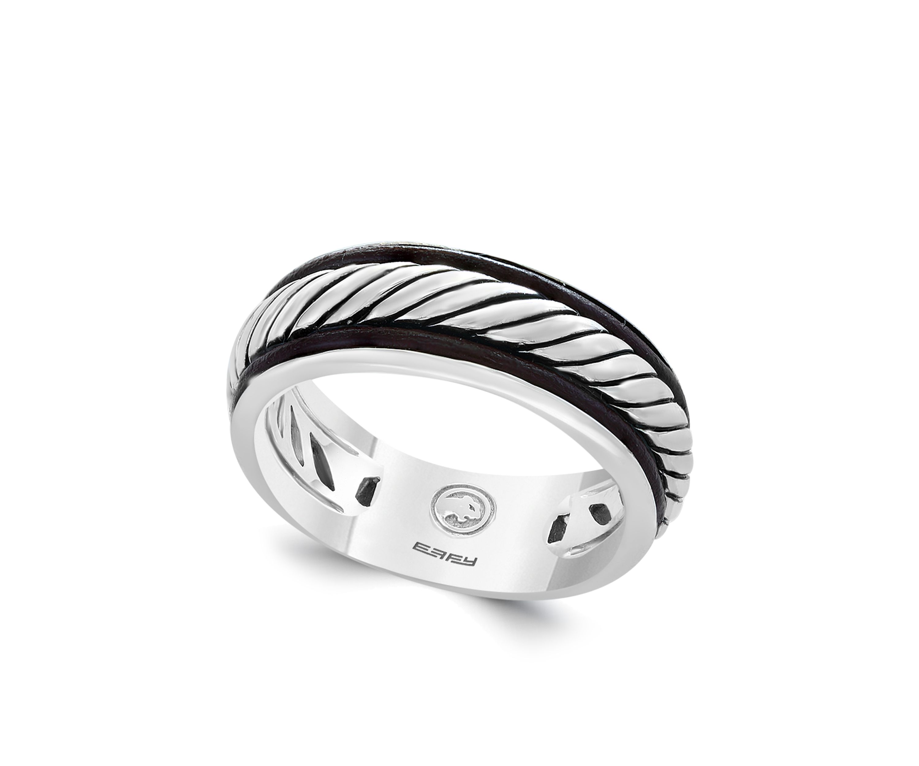 Mens Band Ring in Sterling Silver and Leather