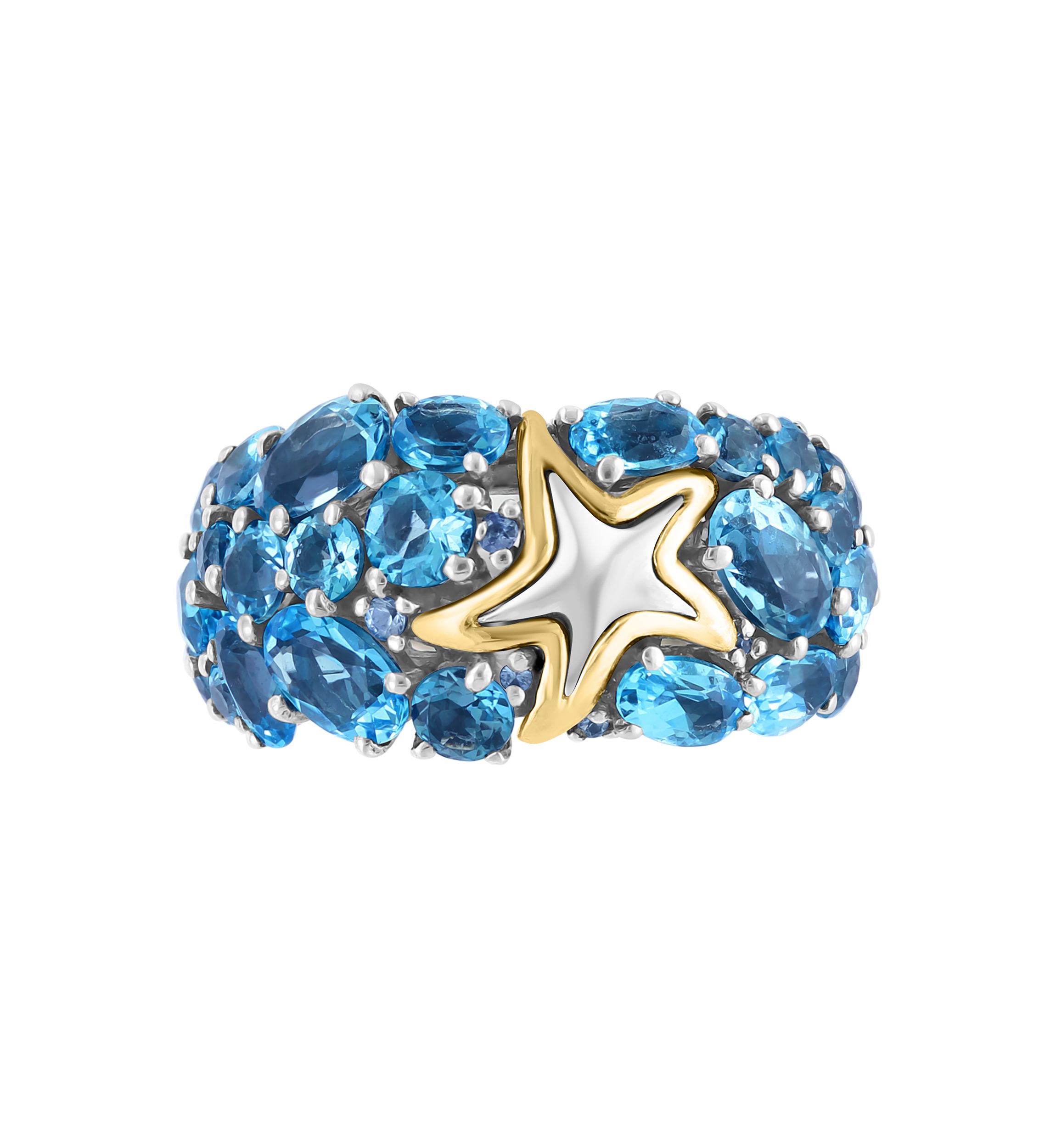 Blue Topaz and Sapphire Starfish Ring in 18K Sterling Silver