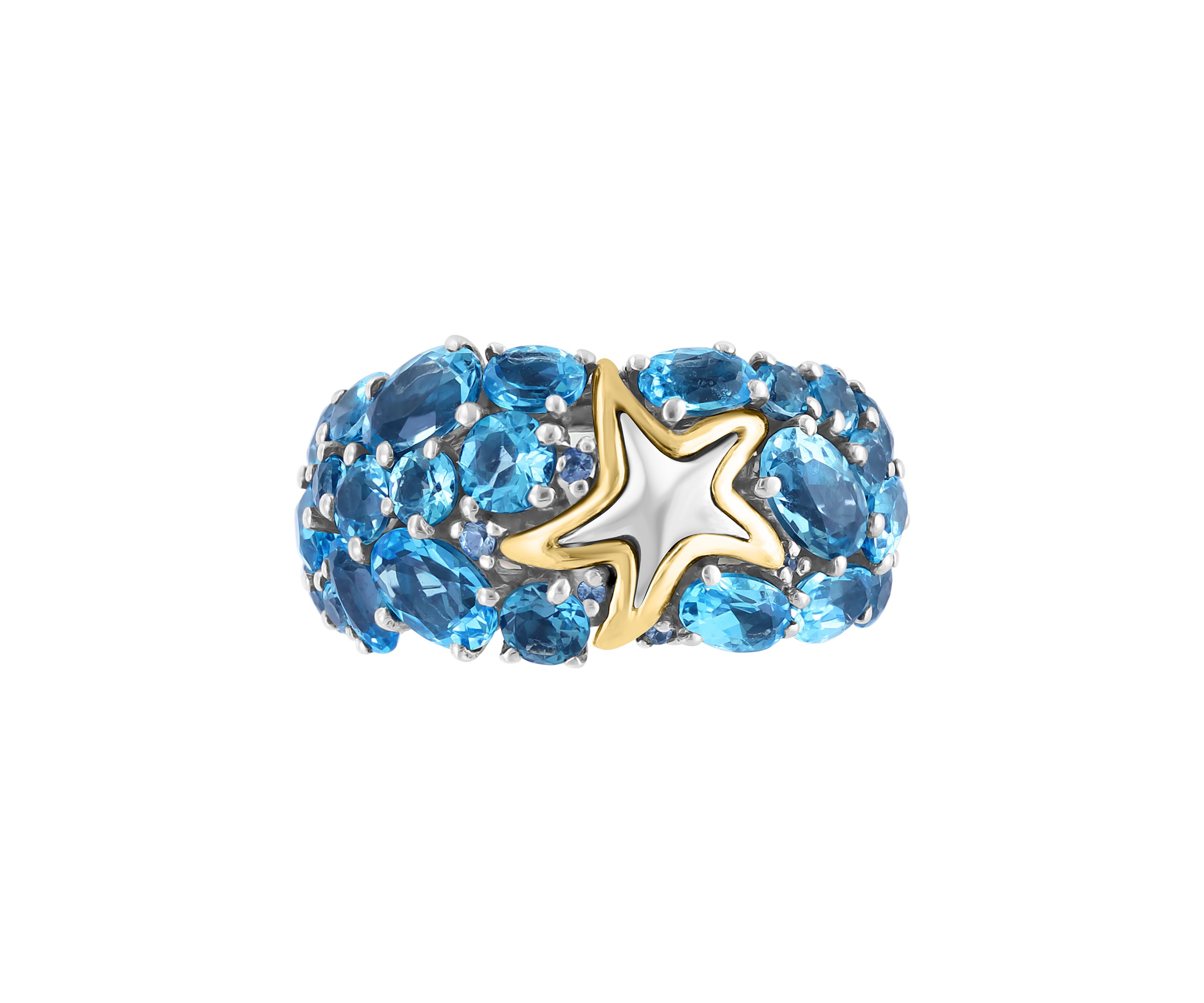 Blue Topaz and Sapphire Starfish Ring in 18K Sterling Silver
