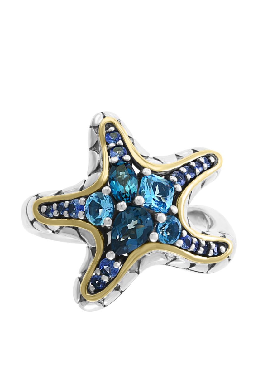 Blue Topaz and Sapphire Starfish Ring in 18K Gold-Plated Sterling Silver