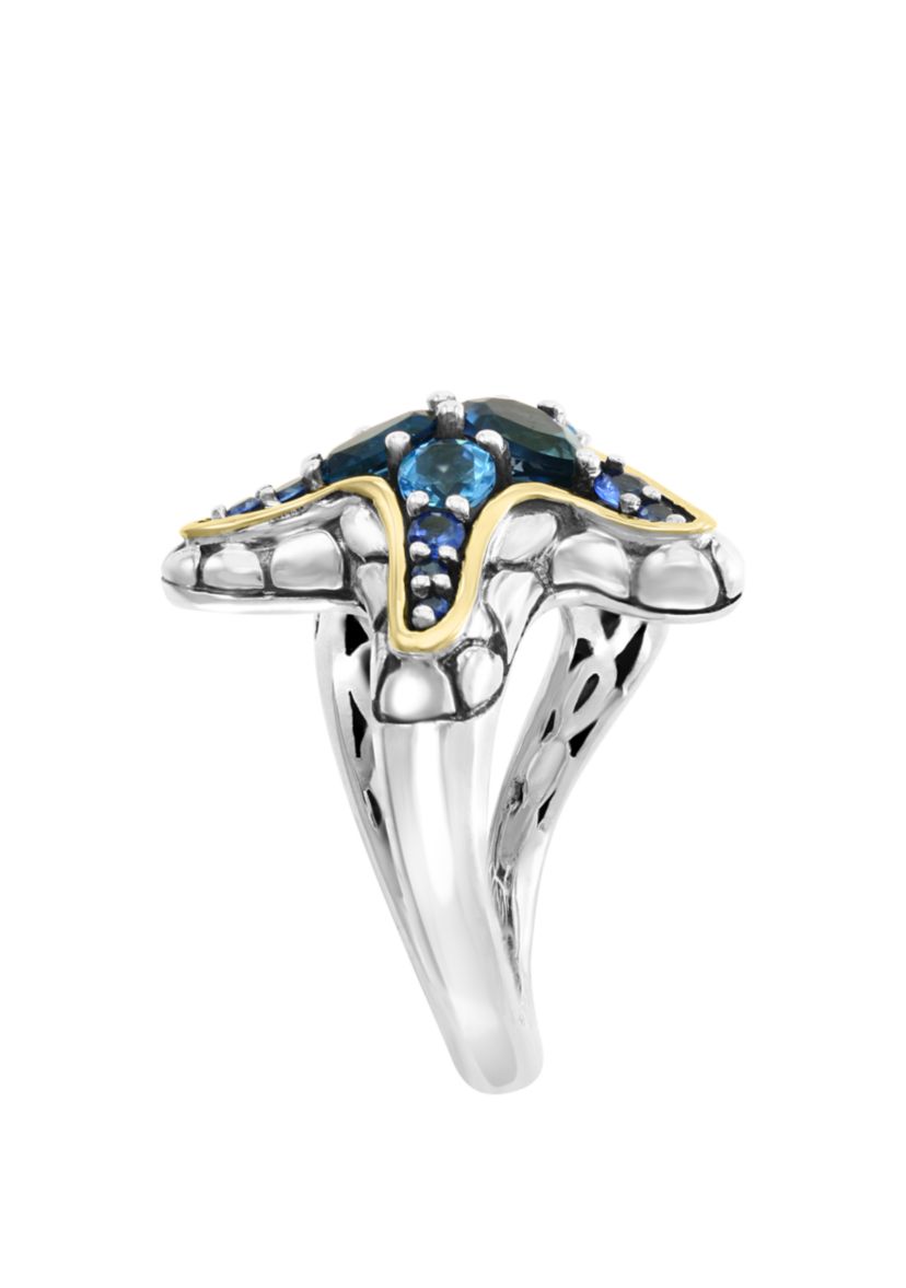 Blue Topaz and Sapphire Starfish Ring in 18K Gold-Plated Sterling Silver