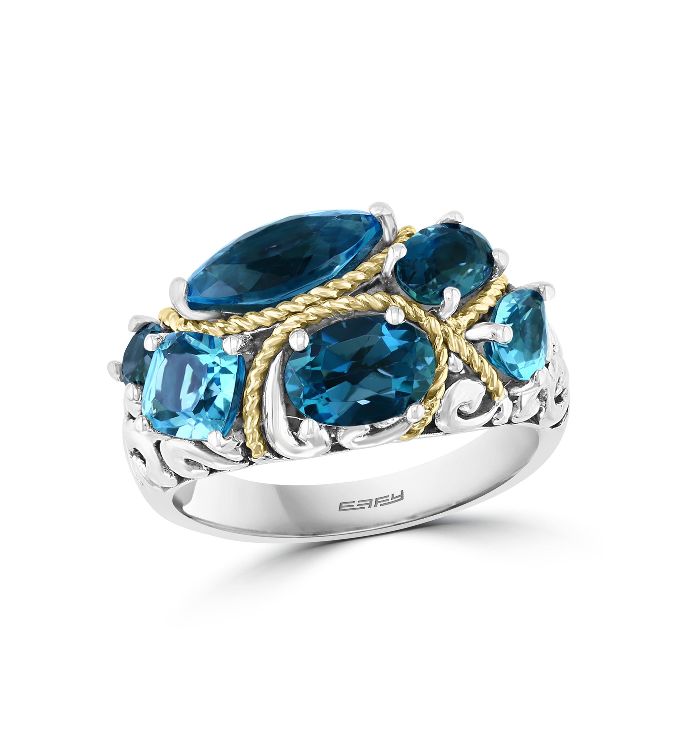 925 Sterling Silver/18K Yellow Gold Blue Topaz and London Blue Topaz Ring