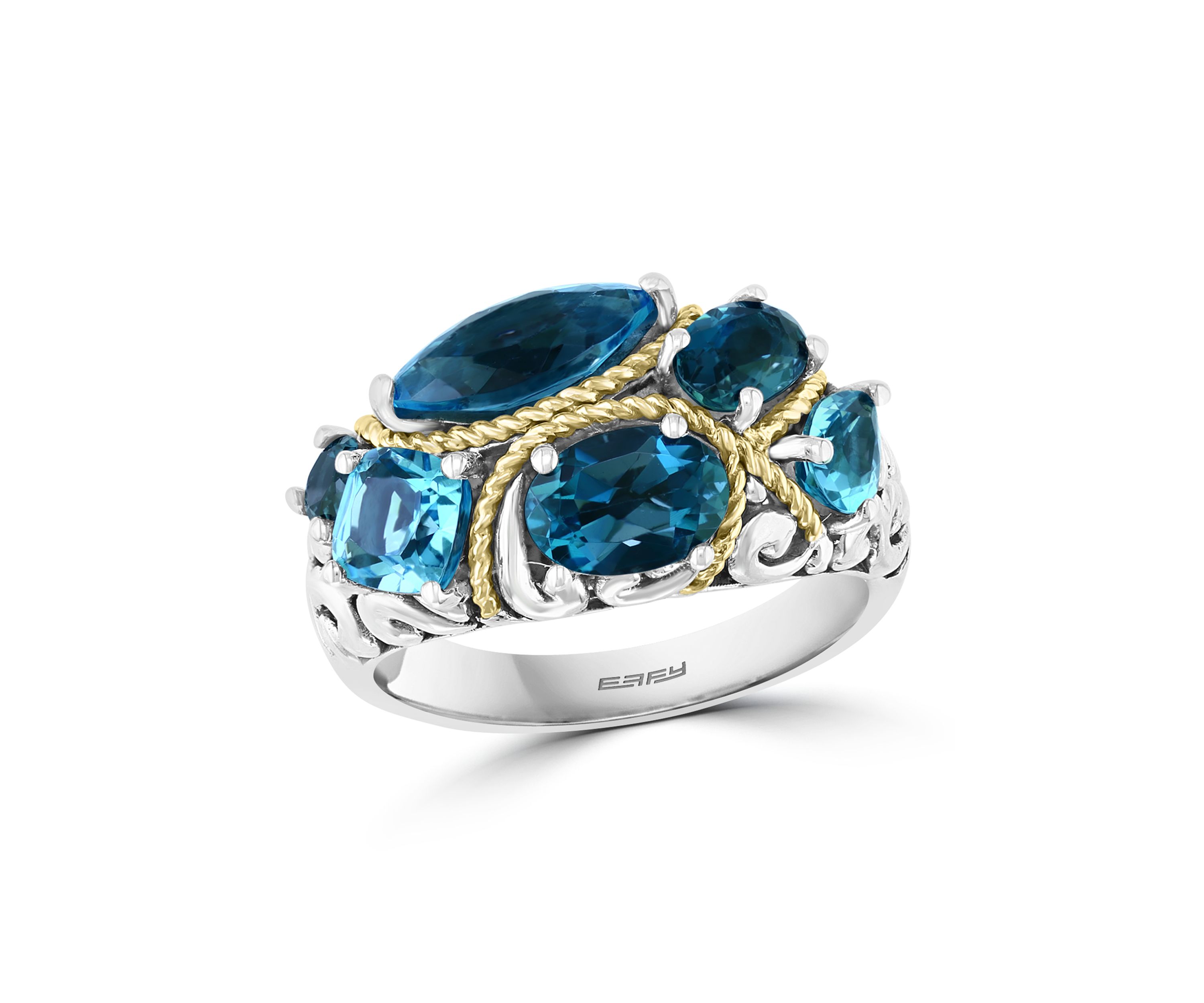 925 Sterling Silver/18K Yellow Gold Blue Topaz and London Blue Topaz Ring