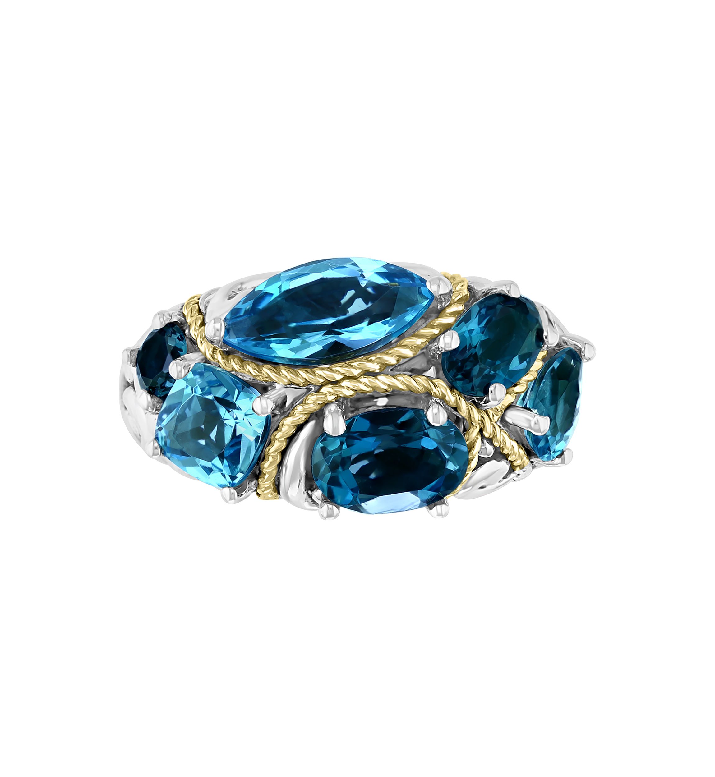 925 Sterling Silver/18K Yellow Gold Blue Topaz and London Blue Topaz Ring