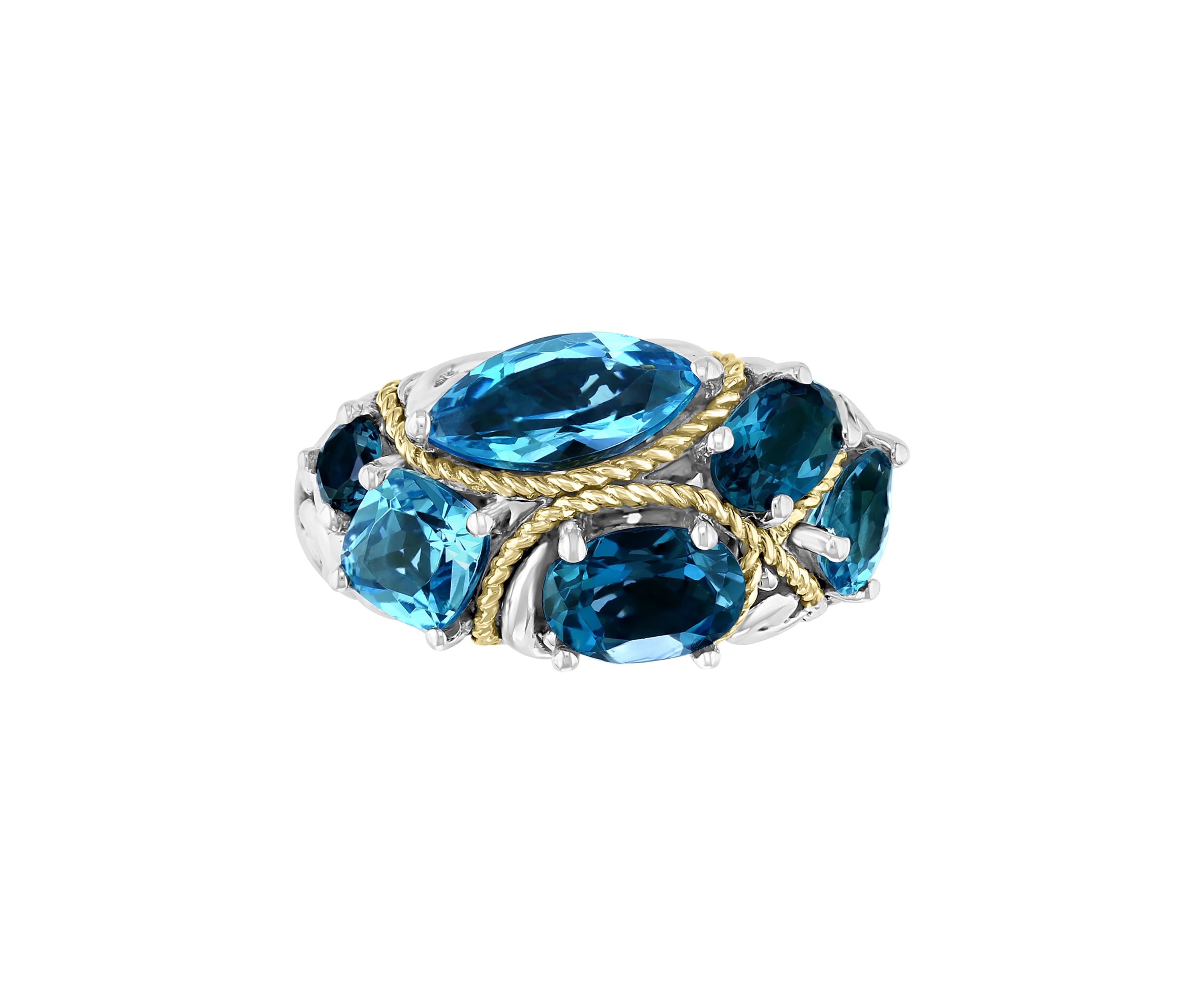 925 Sterling Silver/18K Yellow Gold Blue Topaz and London Blue Topaz Ring