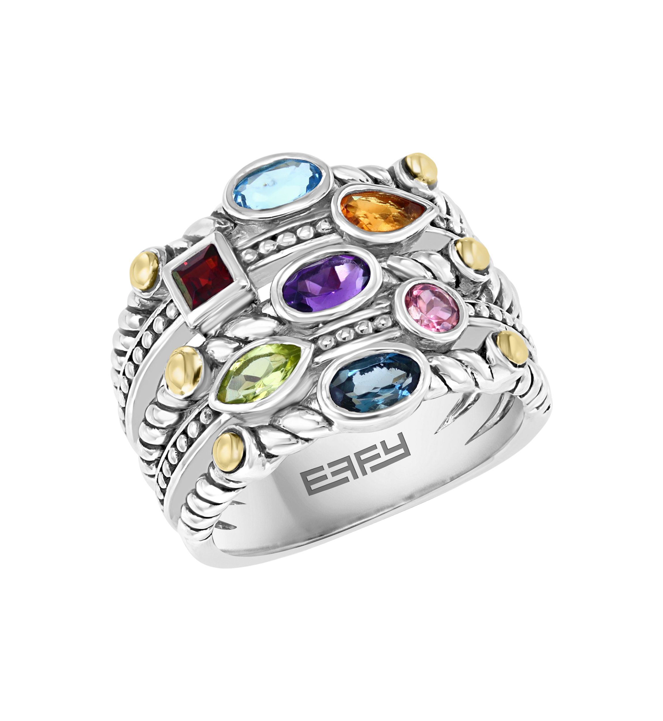 Sterling Silver/18K Yellow Gold 1.35 ct. t.w. Amethyst, Blue Topaz, London Blue Topaz, Citrine, Garnet, Pink Tourmaline, and Peridot Ring