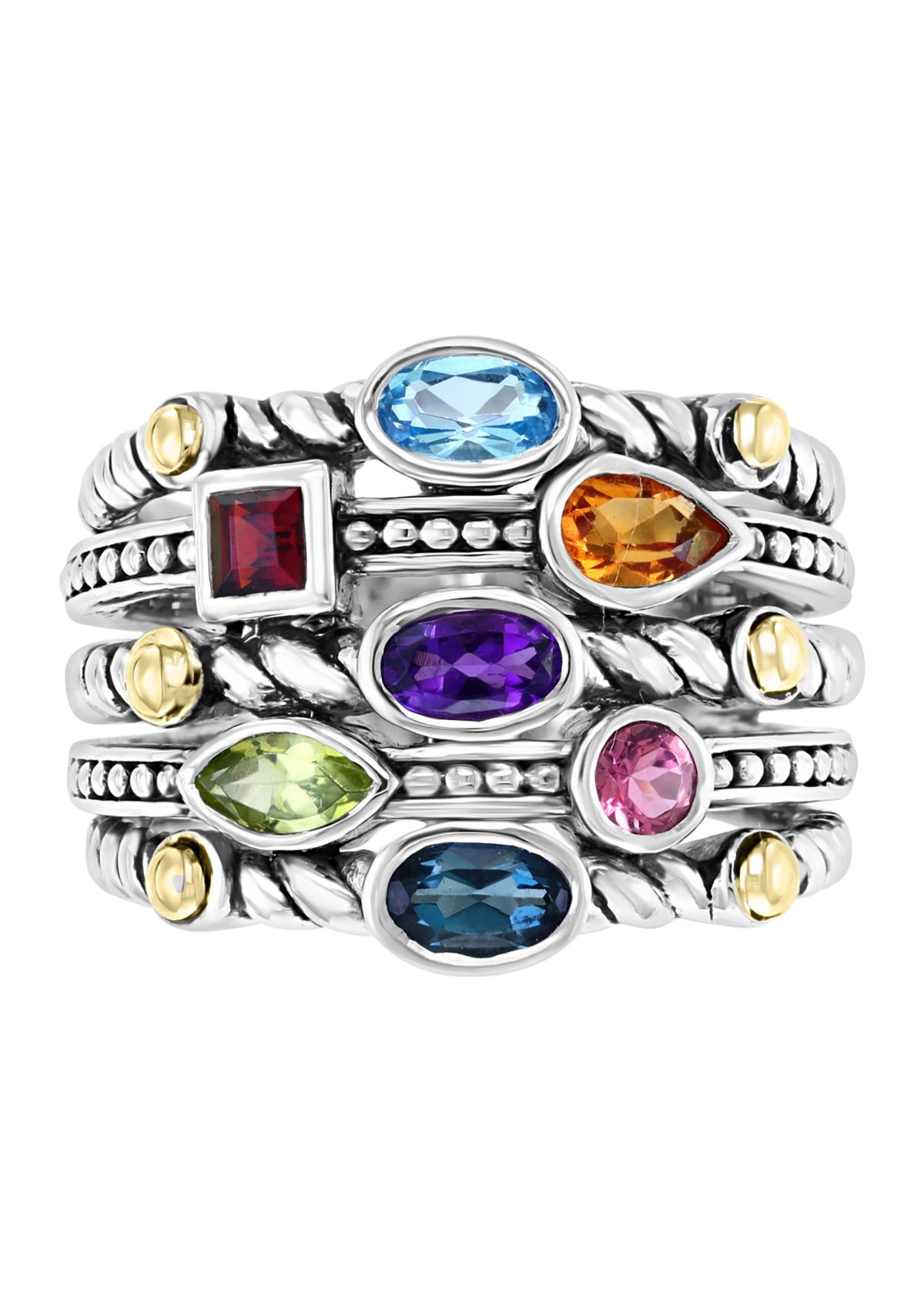 Sterling Silver/18K Yellow Gold 1.35 ct. t.w. Amethyst, Blue Topaz, London Blue Topaz, Citrine, Garnet, Pink Tourmaline, and Peridot Ring