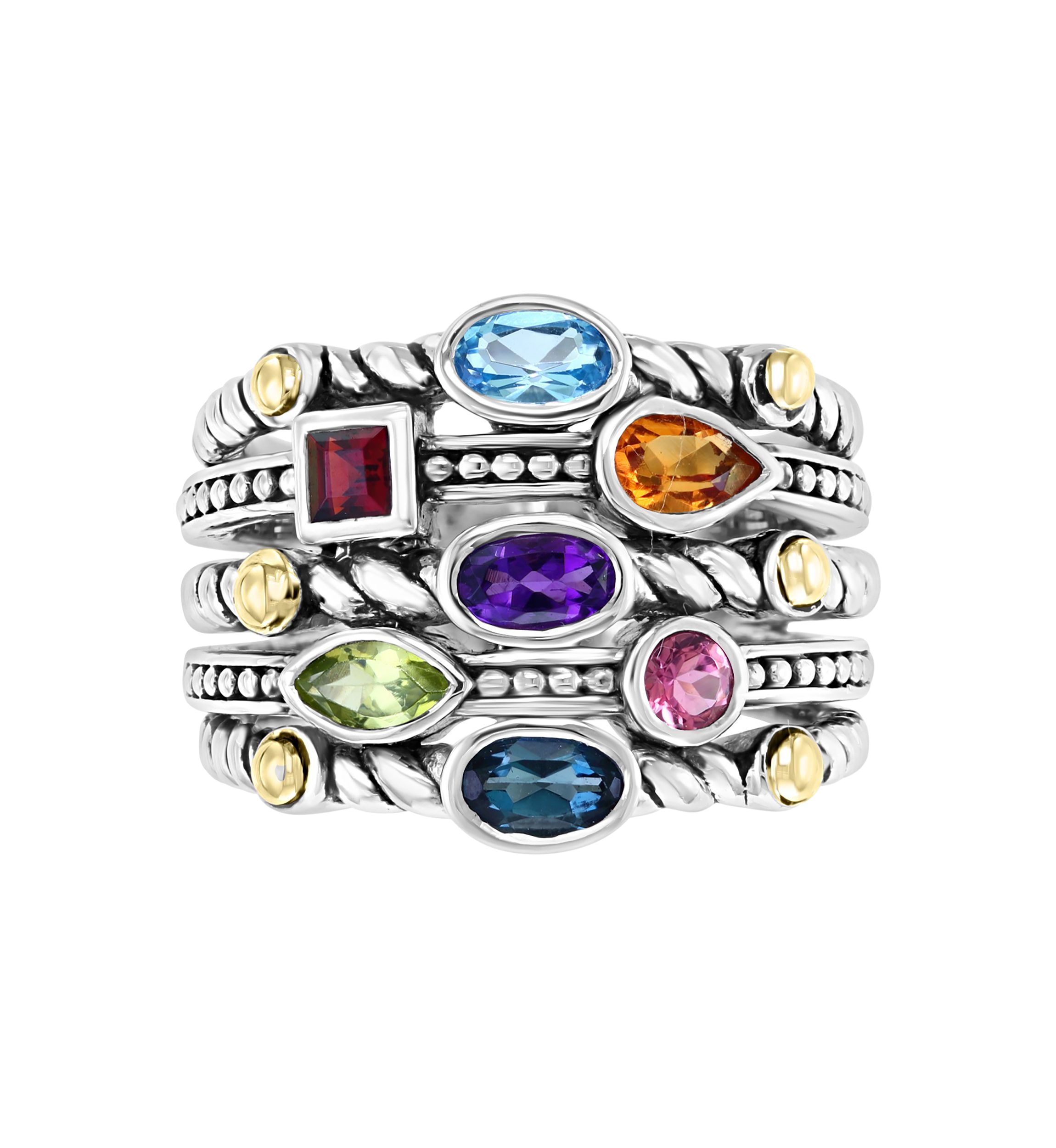 Sterling Silver/18K Yellow Gold 1.35 ct. t.w. Amethyst, Blue Topaz, London Blue Topaz, Citrine, Garnet, Pink Tourmaline, and Peridot Ring