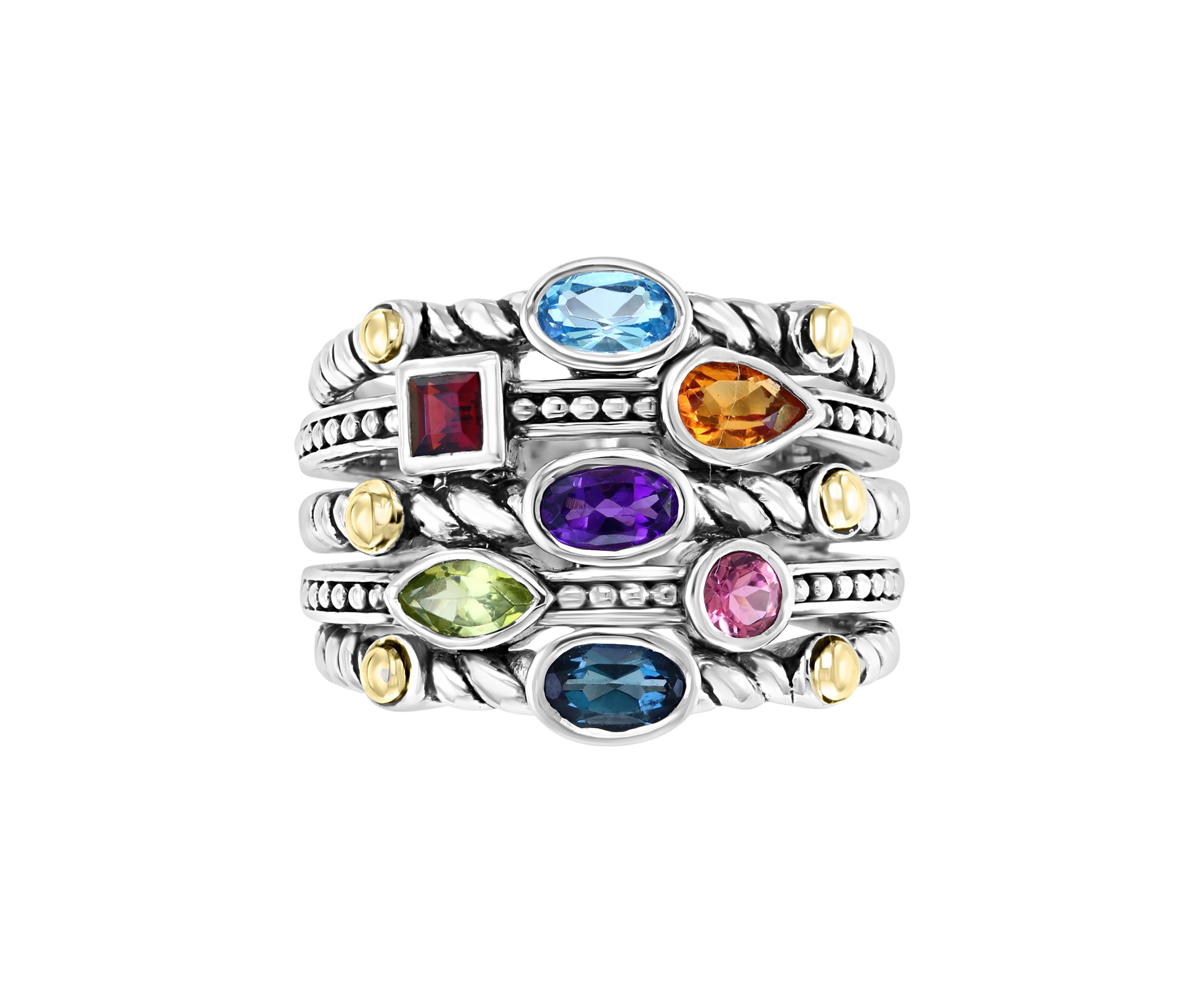 Sterling Silver/18K Yellow Gold 1.35 ct. t.w. Amethyst, Blue Topaz, London Blue Topaz, Citrine, Garnet, Pink Tourmaline, and Peridot Ring
