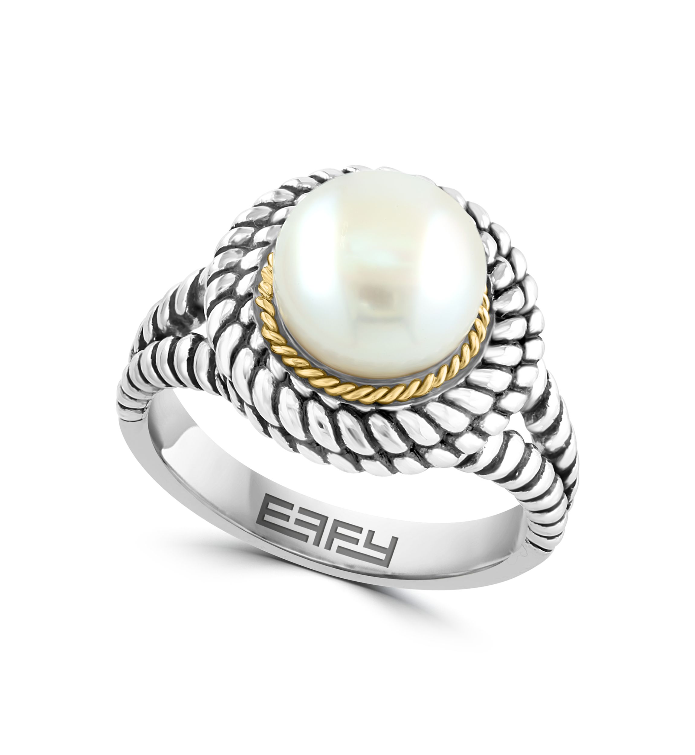 Freshwater Pearl Cable Ring in Sterling Silver and 18K Yellow Gold